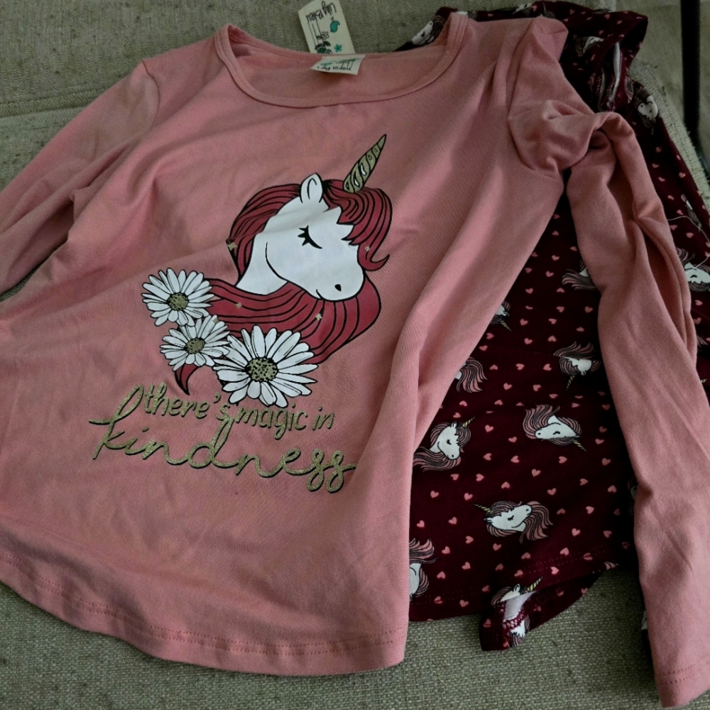 Pink Unicorn Long Sleeve Shirt and Heart  and Unicorn short sleeve shirt